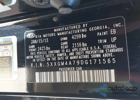 2013 Kia Optima Lx из США, поврежденный, VIN 5XXGM4A79DG171565